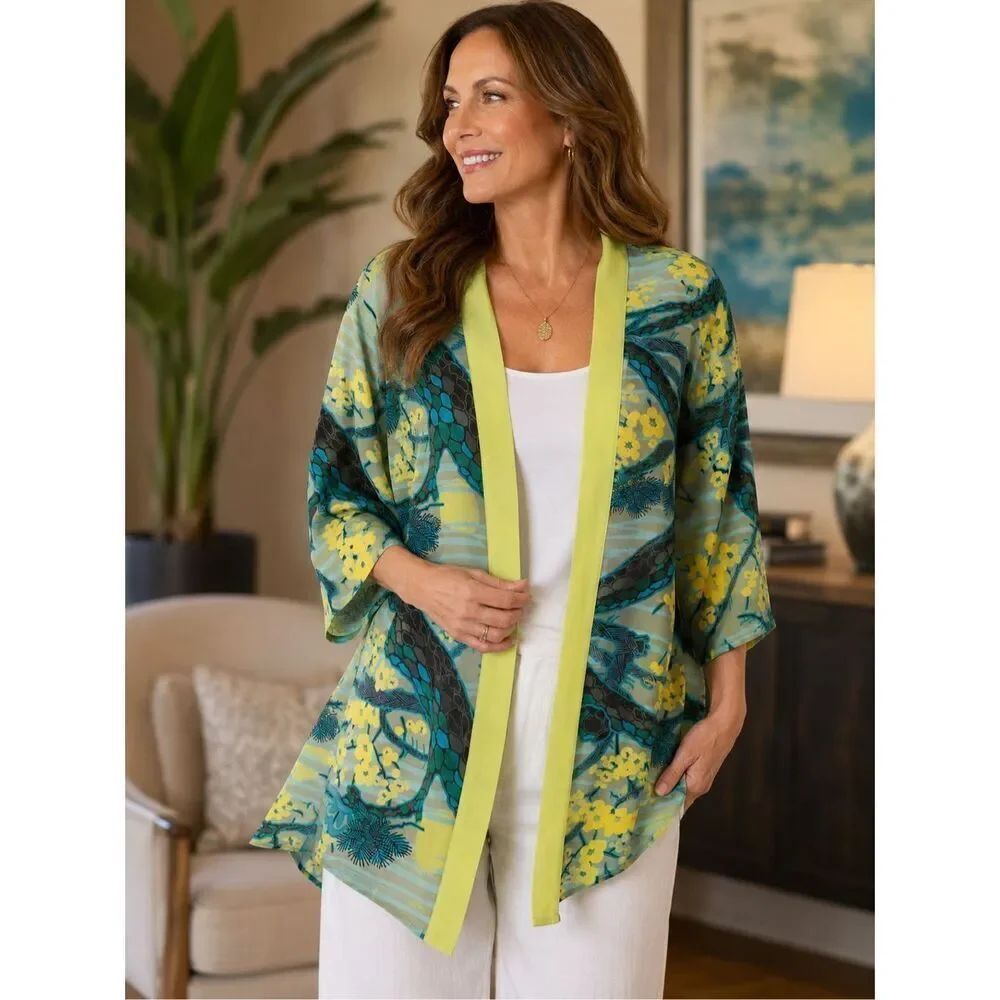 Vintage Bob Mackie Wearable Art 100% Silk Cardigan Kimono Blue Green Floral Medi